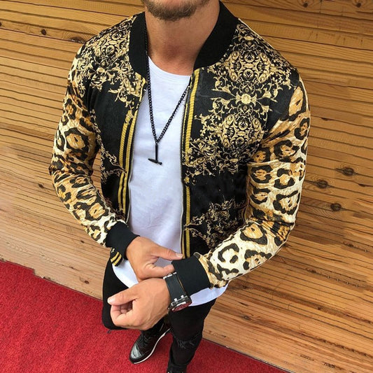 Men New 2021 Print Slim-Fitting Leopard Print Crew-Neck Casual Jacket Coat Male Cross-Border European And American Men's Autumn