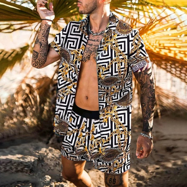 Printing National Style Hawaiian Mens Short Sleeve Set Summer Casual Floral Shirt Beach Two Piece Suit 2021 New Fashion Men Sets