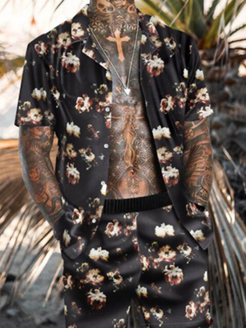 Printing National Style Hawaiian Mens Short Sleeve Set Summer Casual Floral Shirt Beach Two Piece Suit 2021 New Fashion Men Sets