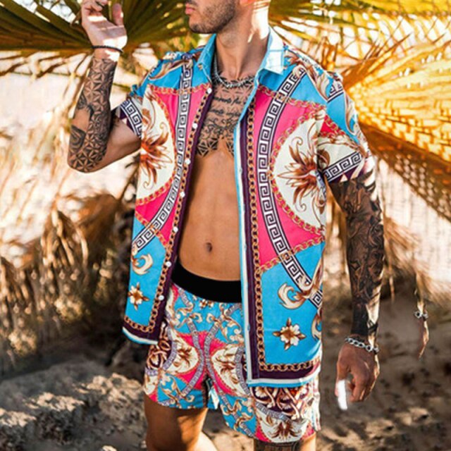 Printing National Style Hawaiian Mens Short Sleeve Set Summer Casual Floral Shirt Beach Two Piece Suit 2021 New Fashion Men Sets