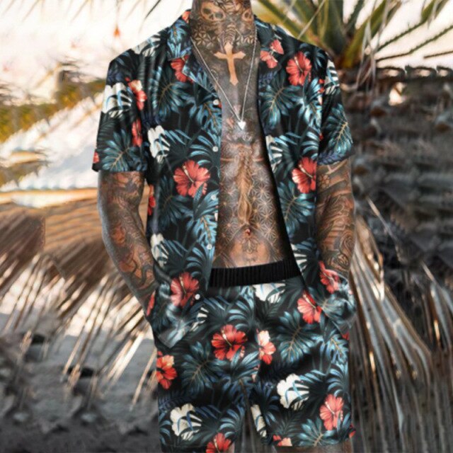 Printing National Style Hawaiian Mens Short Sleeve Set Summer Casual Floral Shirt Beach Two Piece Suit 2021 New Fashion Men Sets