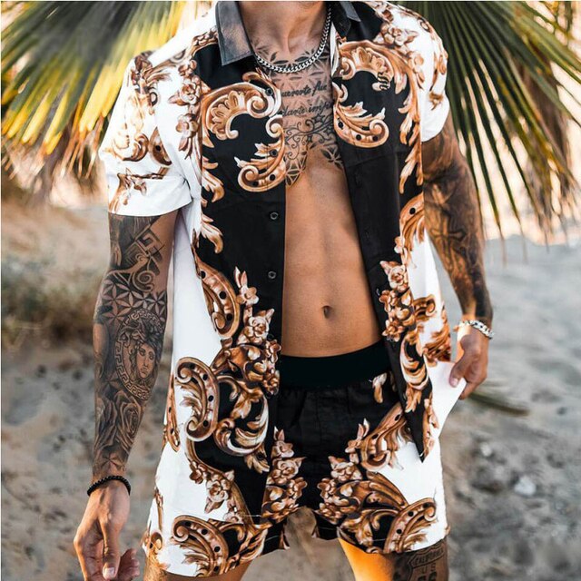 Printing National Style Hawaiian Mens Short Sleeve Set Summer Casual Floral Shirt Beach Two Piece Suit 2021 New Fashion Men Sets