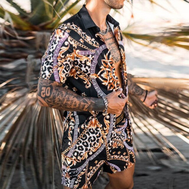 Printing National Style Hawaiian Mens Short Sleeve Set Summer Casual Floral Shirt Beach Two Piece Suit 2021 New Fashion Men Sets