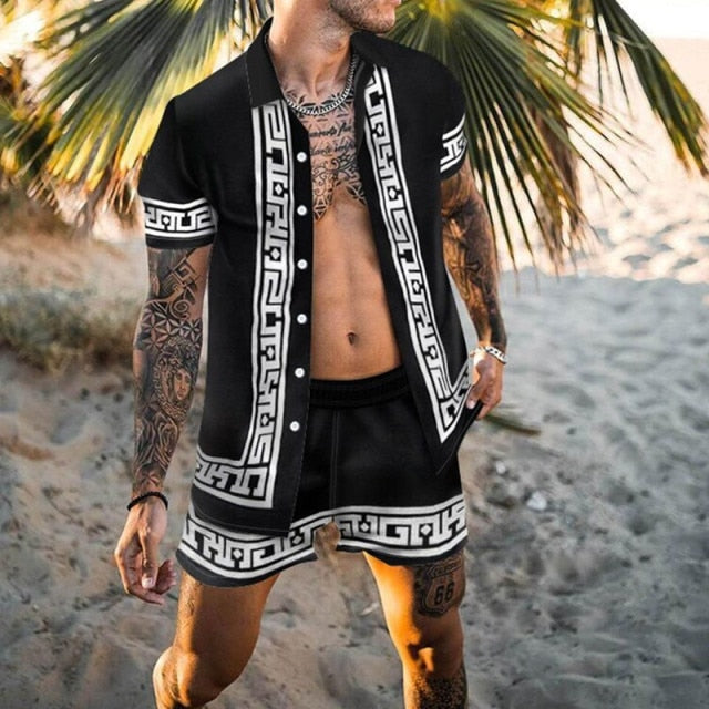 Printing National Style Hawaiian Mens Short Sleeve Set Summer Casual Floral Shirt Beach Two Piece Suit 2021 New Fashion Men Sets