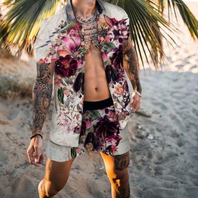 Printing National Style Hawaiian Mens Short Sleeve Set Summer Casual Floral Shirt Beach Two Piece Suit 2021 New Fashion Men Sets