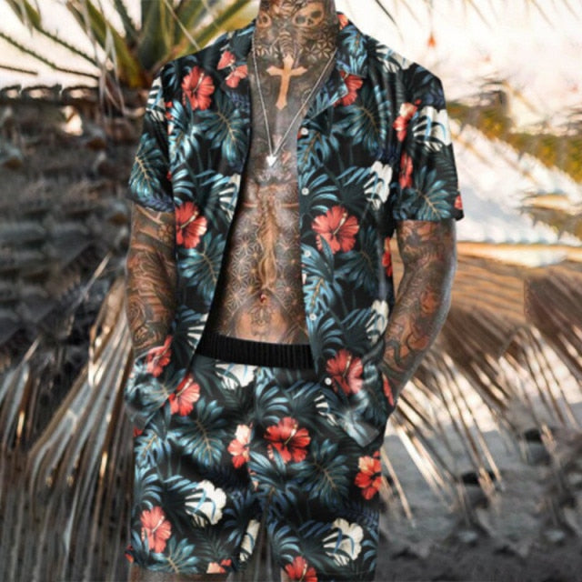 Hawaiian Set Mens Printing Set Short Sleeve Summer Casual Floral Shirt Beach Two Piece Suit 2021 New Fashion Men Sets M-3XL