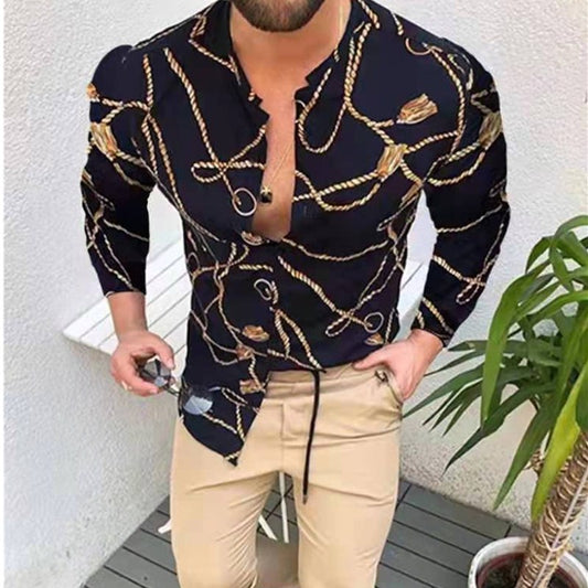 2021 Men's Fashion Printing Color Piece Men Slim Shirt Autumn Turn-down Collar Streetwear Fashion Together Long Sleeve Shirt