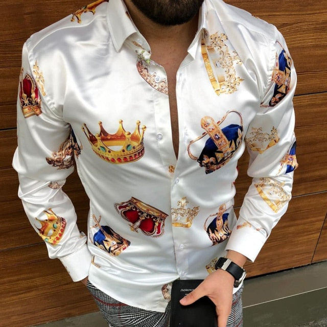 2021 Men's Fashion Printing Color Piece Men Slim Shirt Autumn Turn-down Collar Streetwear Fashion Together Long Sleeve Shirt